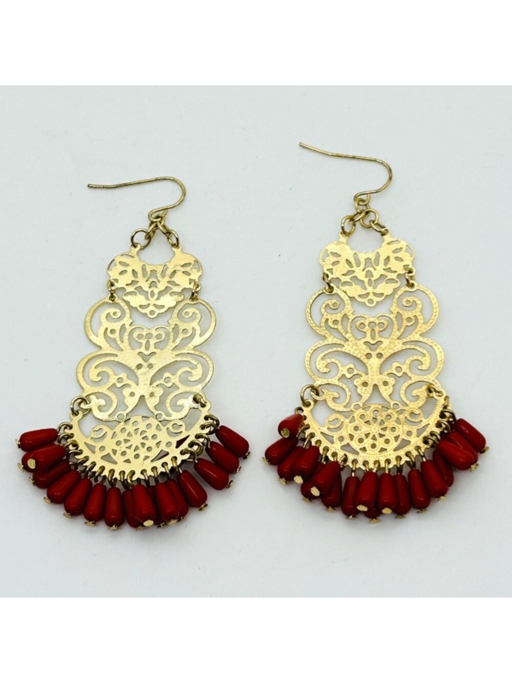 Bohemian Gold Tone Earrings Filigree Chandelier Red Beaded Fringe